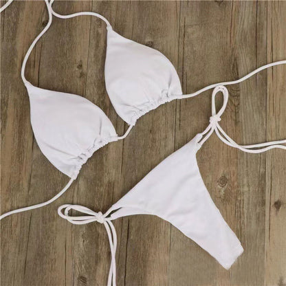 2pcs Halterneck Lace-up Bikini Women Summer Solid Color Sexy Split Strap Adjustable Swimsuit Suit - CHRISTDEST GLOBAL SERVICE
