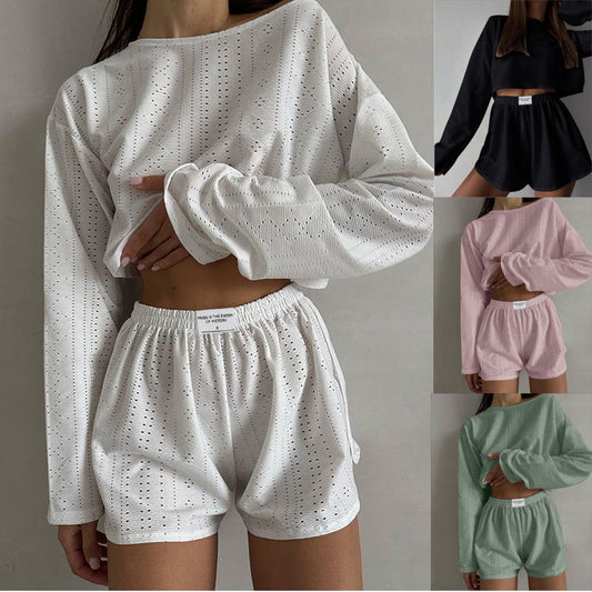 2pcs Women's Suit Long Sleeve Pullover Top And Shorts Fashion Simple Slim Fit Loose Hollow-out Design Suits - CHRISTDEST GLOBAL SERVICE
