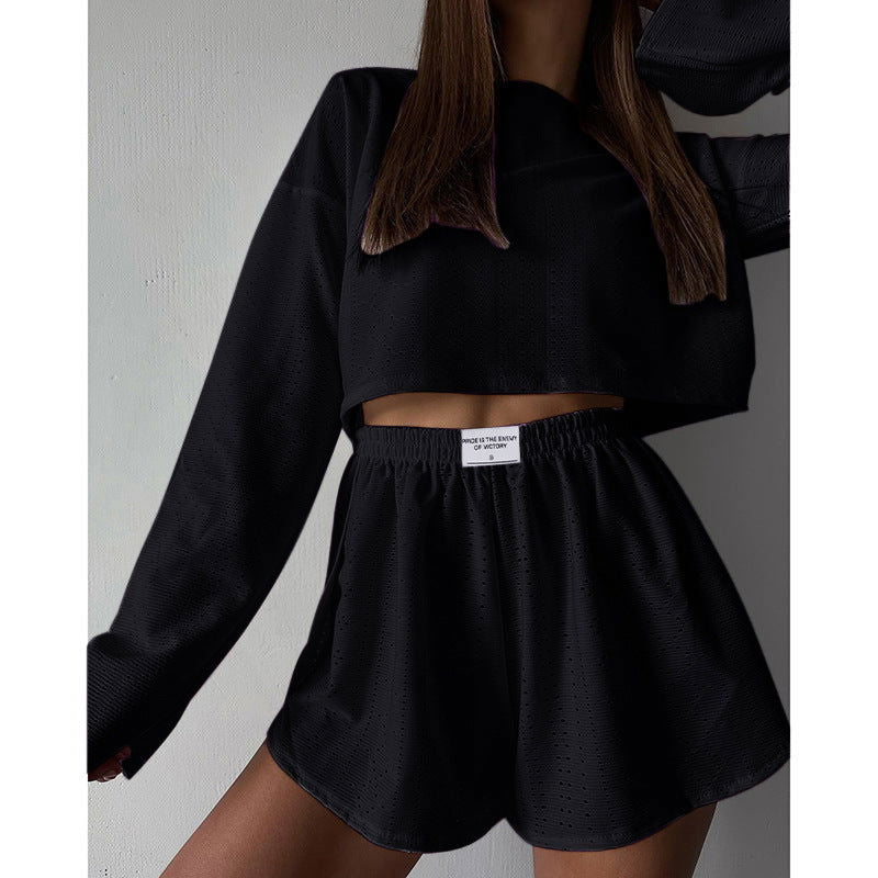 2pcs Women's Suit Long Sleeve Pullover Top And Shorts Fashion Simple Slim Fit Loose Hollow-out Design Suits - CHRISTDEST GLOBAL SERVICE