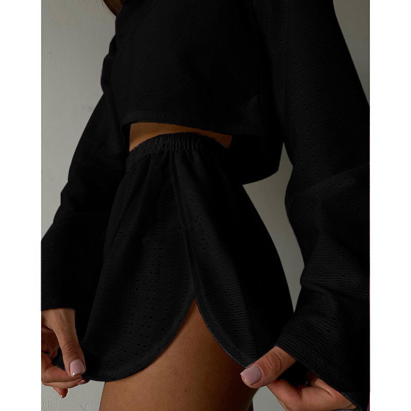 2pcs Women's Suit Long Sleeve Pullover Top And Shorts Fashion Simple Slim Fit Loose Hollow-out Design Suits - CHRISTDEST GLOBAL SERVICE
