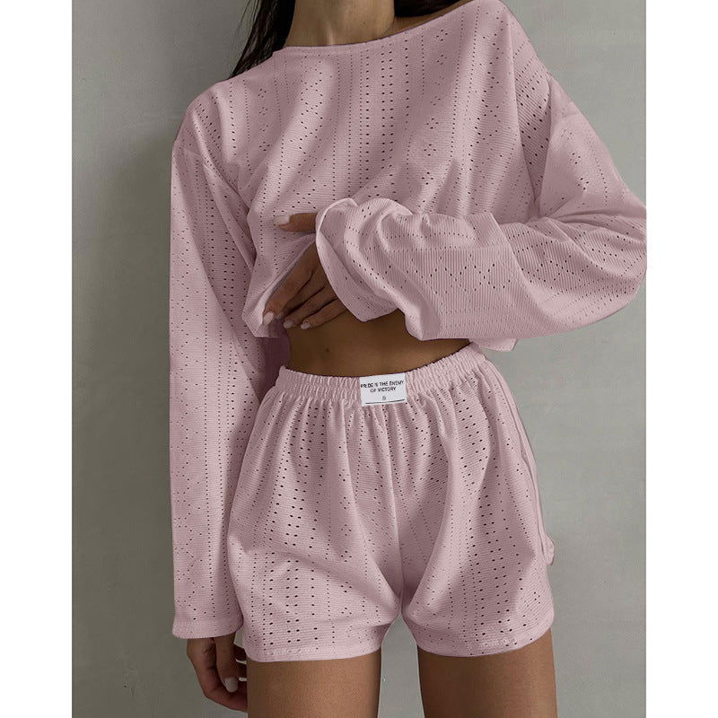 2pcs Women's Suit Long Sleeve Pullover Top And Shorts Fashion Simple Slim Fit Loose Hollow-out Design Suits - CHRISTDEST GLOBAL SERVICE