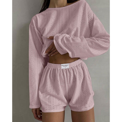 2pcs Women's Suit Long Sleeve Pullover Top And Shorts Fashion Simple Slim Fit Loose Hollow-out Design Suits - CHRISTDEST GLOBAL SERVICE