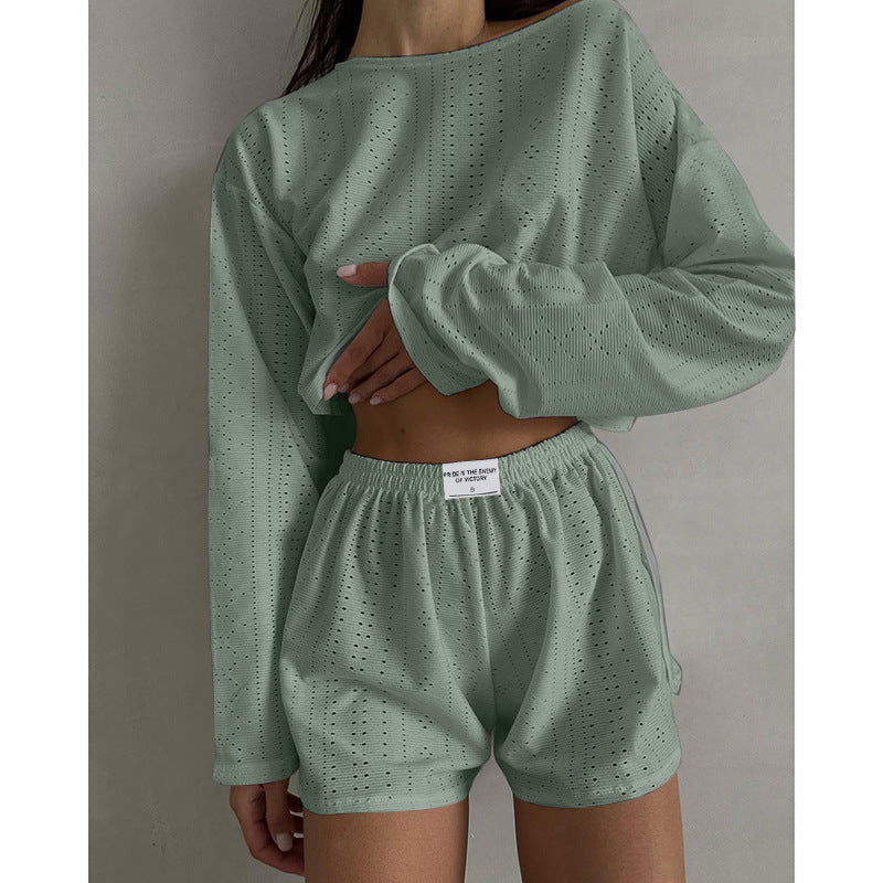 2pcs Women's Suit Long Sleeve Pullover Top And Shorts Fashion Simple Slim Fit Loose Hollow-out Design Suits - CHRISTDEST GLOBAL SERVICE