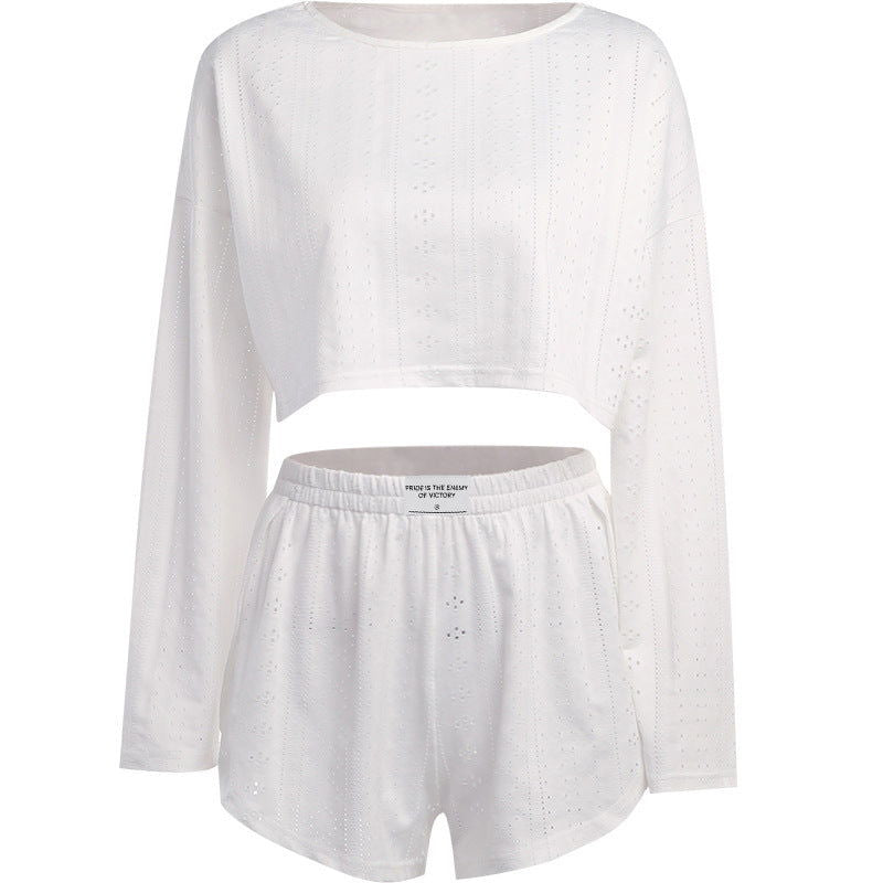 2pcs Women's Suit Long Sleeve Pullover Top And Shorts Fashion Simple Slim Fit Loose Hollow-out Design Suits - CHRISTDEST GLOBAL SERVICE