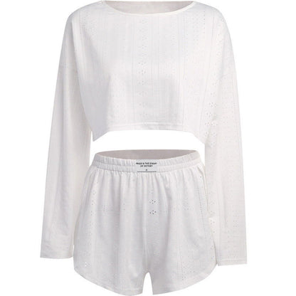 2pcs Women's Suit Long Sleeve Pullover Top And Shorts Fashion Simple Slim Fit Loose Hollow-out Design Suits - CHRISTDEST GLOBAL SERVICE