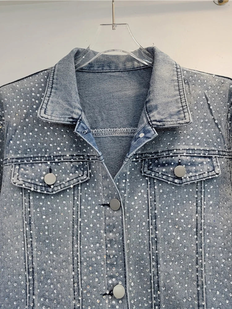 Women's Denim Coat Washed Gradient Blue Design Long Sleeve Full Diamonds Rhinestone Jackets  Autumn New Fashion