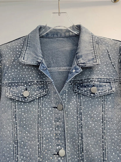 Women's Denim Coat Washed Gradient Blue Design Long Sleeve Full Diamonds Rhinestone Jackets  Autumn New Fashion