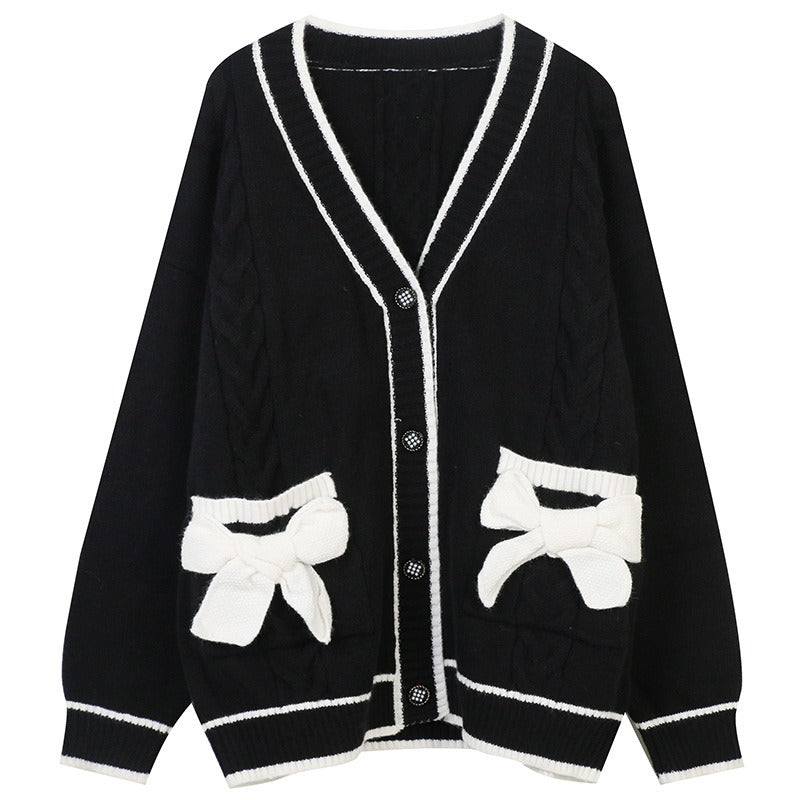 Trui V-hals lange mouwen middellange contrasterende gestreepte strik los gebreide cardigan