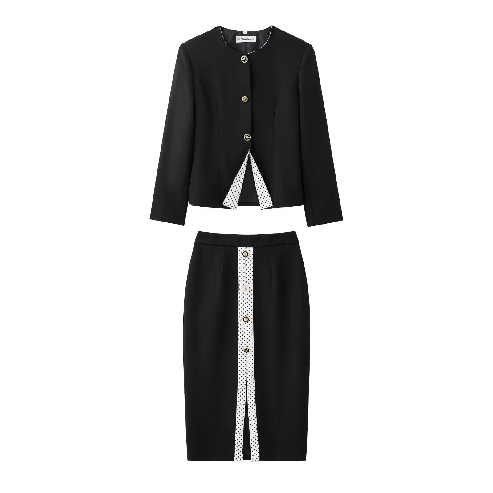 Long sleeved suit jacket+polka dot skirt