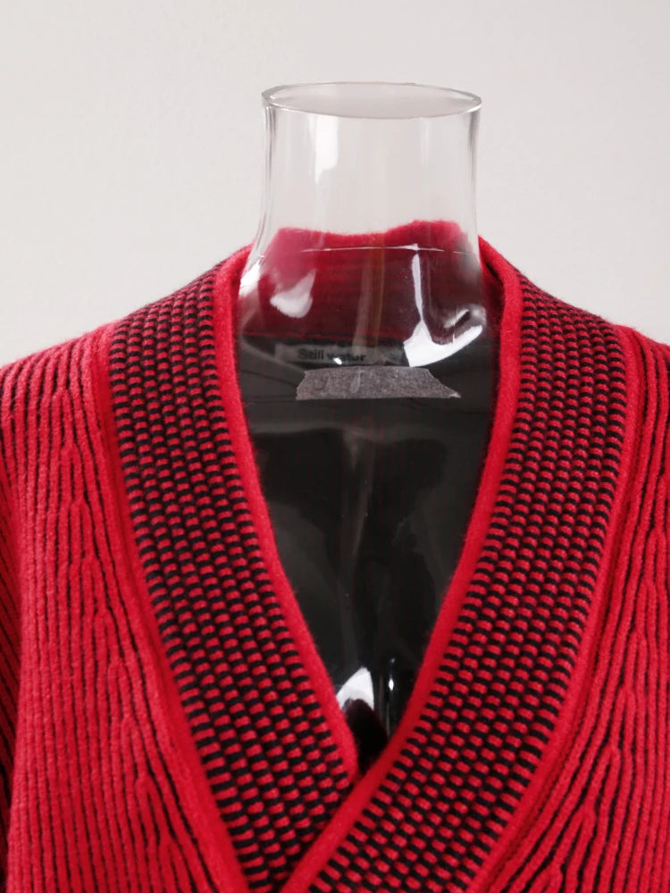 Fashion Women's Sweater V-neck Long Sleeves Contrast Colot Loose Red No Placket Casual Cardigan