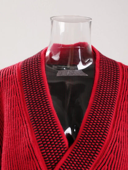 Fashion Women's Sweater V-neck Long Sleeves Contrast Colot Loose Red No Placket Casual Cardigan
