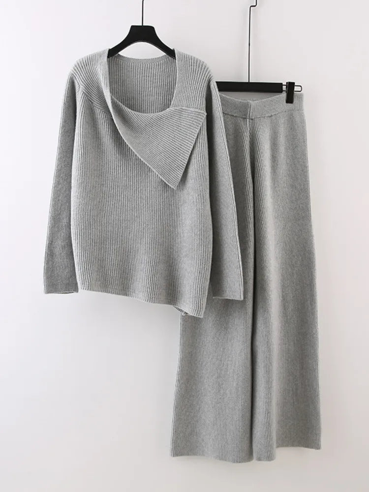 Women's Knitted Two Piece Sets Irregular Long Sleeve Loose Tops Solid Color Casual Trousers Female Suits  Autumn