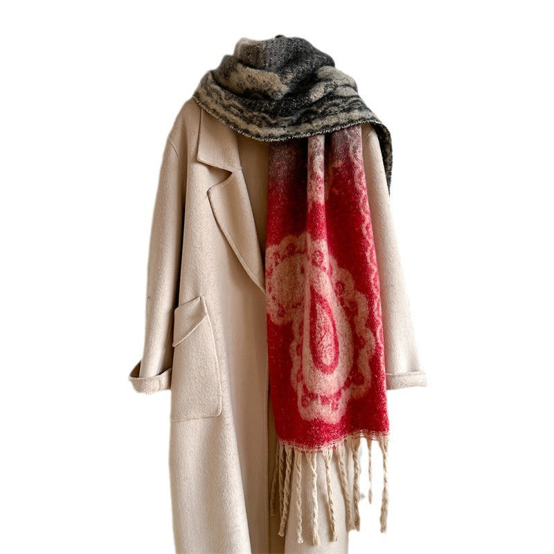 Retro Cashew Scarf Women's Imitation Cashmere Thick Neck Tassel Extended Shawl