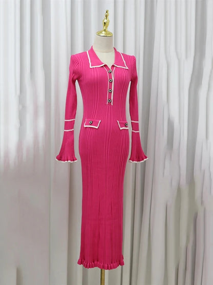 Doll collar X-shaped single breasted solid color long knit