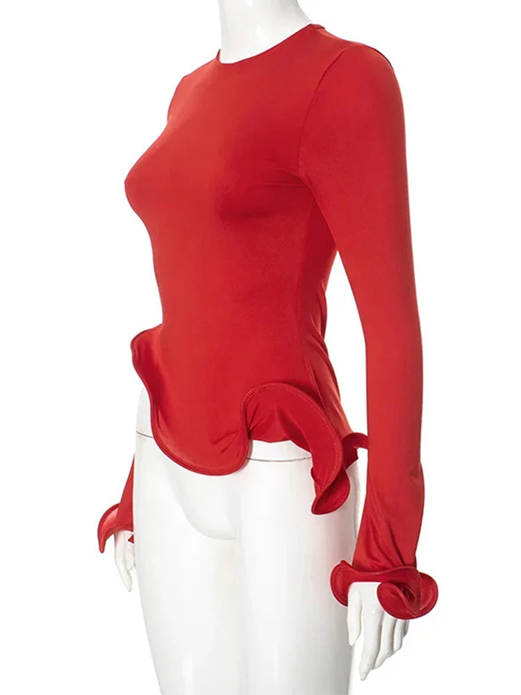 Chic Red Knitted Ruffle Women Pullover  Irregular Long Flare sleeve O Neck Female Top  Autumn Fashion Lady Party Sweater