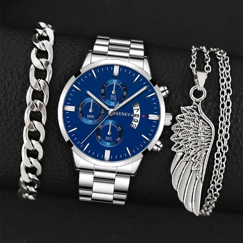 3PCS Set Fashion Mens Business Calendar Watches Men Casual Silver Bracelet Wings Necklace Stainless Steel Quartz Wrist Watch - CHRISTDEST GLOBAL SERVICE