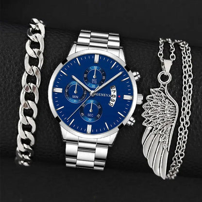 3PCS Set Fashion Mens Business Calendar Watches Men Casual Silver Bracelet Wings Necklace Stainless Steel Quartz Wrist Watch - CHRISTDEST GLOBAL SERVICE