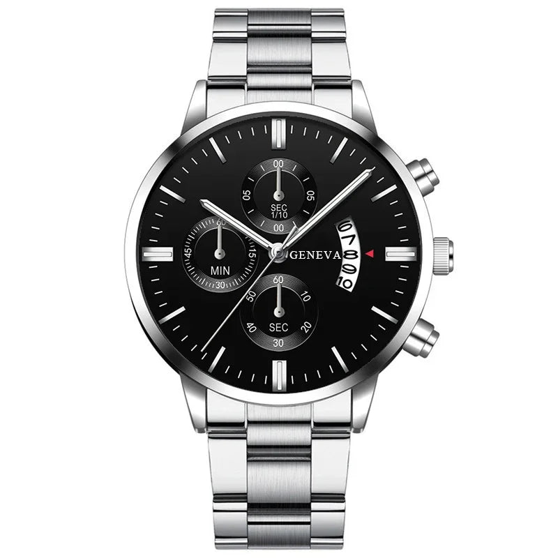 3PCS Set Fashion Mens Business Calendar Watches Men Casual Silver Bracelet Wings Necklace Stainless Steel Quartz Wrist Watch - CHRISTDEST GLOBAL SERVICE