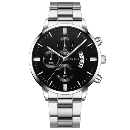 3PCS Set Fashion Mens Business Calendar Watches Men Casual Silver Bracelet Wings Necklace Stainless Steel Quartz Wrist Watch - CHRISTDEST GLOBAL SERVICE