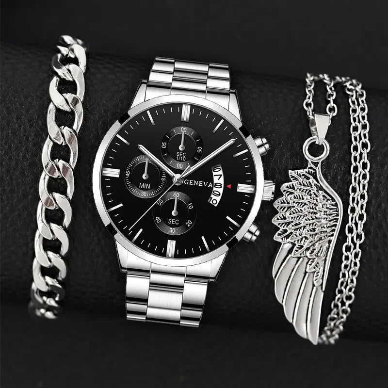 3PCS Set Fashion Mens Business Calendar Watches Men Casual Silver Bracelet Wings Necklace Stainless Steel Quartz Wrist Watch - CHRISTDEST GLOBAL SERVICE