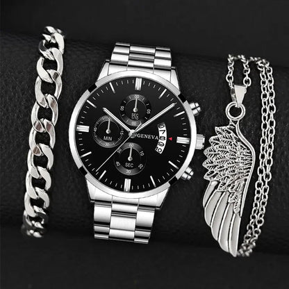 3PCS Set Fashion Mens Business Calendar Watches Men Casual Silver Bracelet Wings Necklace Stainless Steel Quartz Wrist Watch - CHRISTDEST GLOBAL SERVICE