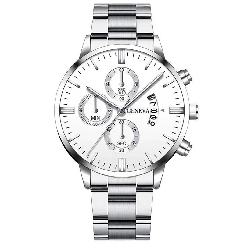 3PCS Set Fashion Mens Business Calendar Watches Men Casual Silver Bracelet Wings Necklace Stainless Steel Quartz Wrist Watch - CHRISTDEST GLOBAL SERVICE