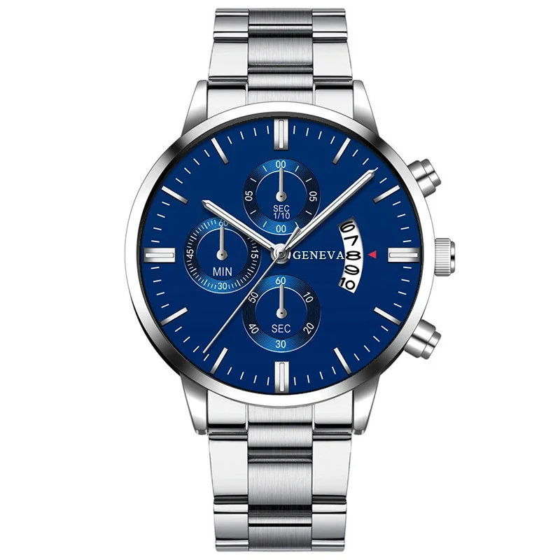 3PCS Set Fashion Mens Business Calendar Watches Men Casual Silver Bracelet Wings Necklace Stainless Steel Quartz Wrist Watch - CHRISTDEST GLOBAL SERVICE