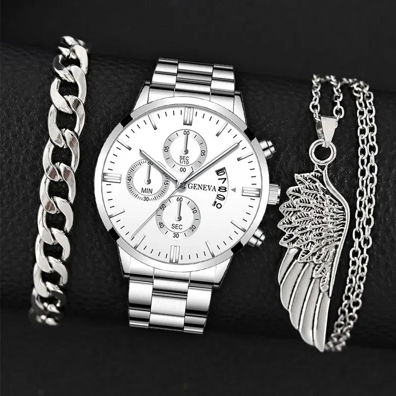 3PCS Set Fashion Mens Business Calendar Watches Men Casual Silver Bracelet Wings Necklace Stainless Steel Quartz Wrist Watch - CHRISTDEST GLOBAL SERVICE