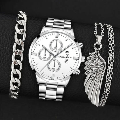 3PCS Set Fashion Mens Business Calendar Watches Men Casual Silver Bracelet Wings Necklace Stainless Steel Quartz Wrist Watch - CHRISTDEST GLOBAL SERVICE