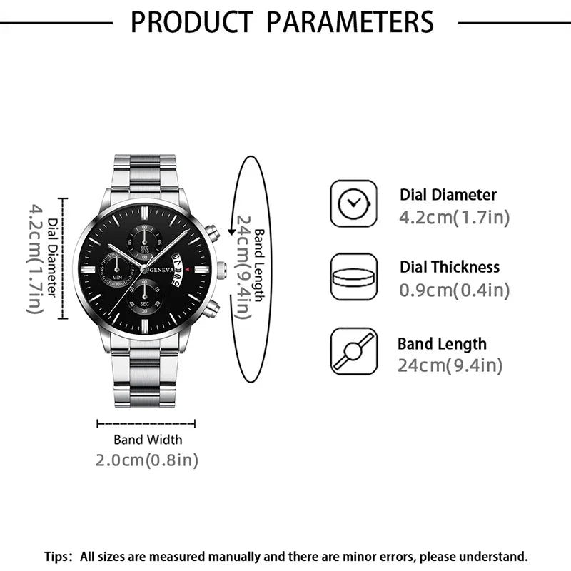 3PCS Set Fashion Mens Business Calendar Watches Men Casual Silver Bracelet Wings Necklace Stainless Steel Quartz Wrist Watch - CHRISTDEST GLOBAL SERVICE