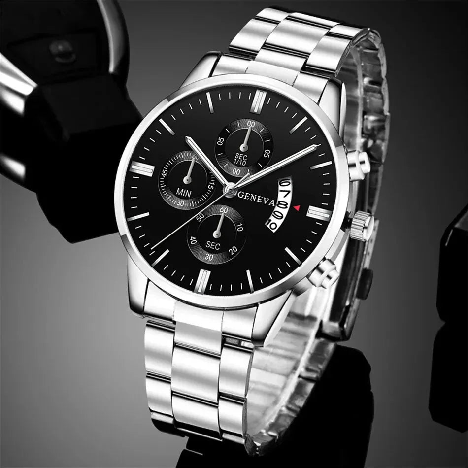 3PCS Set Fashion Mens Business Calendar Watches Men Casual Silver Bracelet Wings Necklace Stainless Steel Quartz Wrist Watch - CHRISTDEST GLOBAL SERVICE