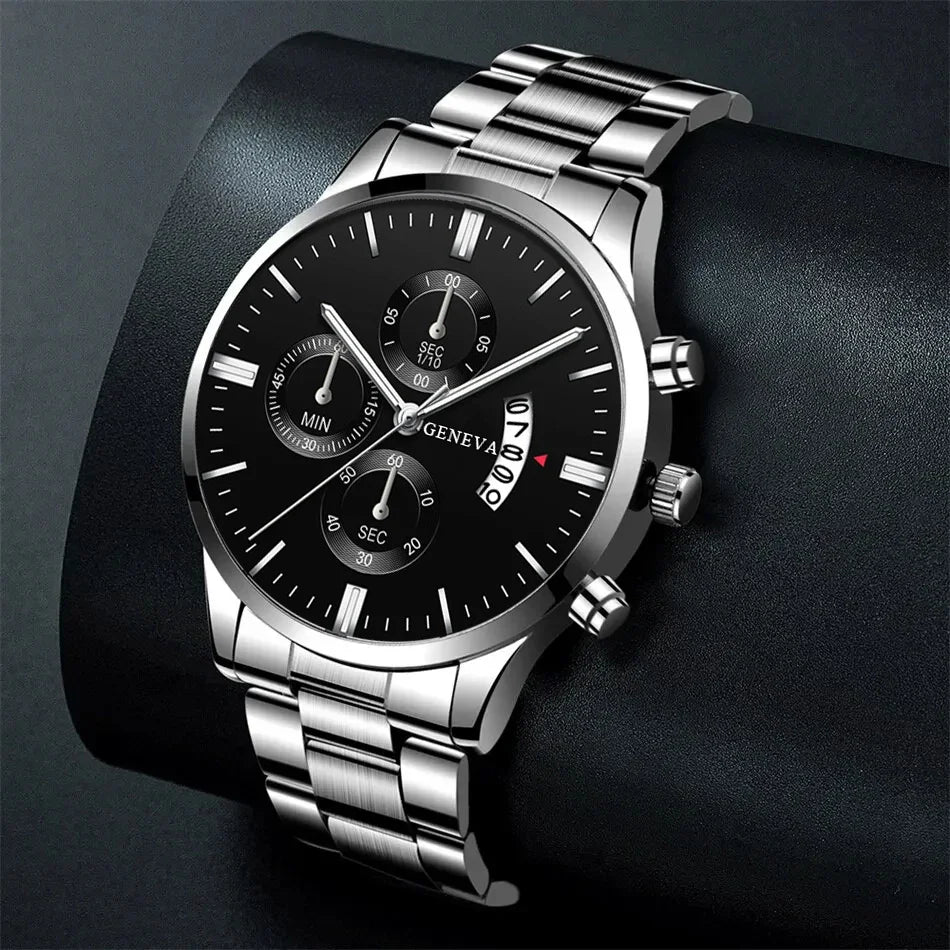 3PCS Set Fashion Mens Business Calendar Watches Men Casual Silver Bracelet Wings Necklace Stainless Steel Quartz Wrist Watch - CHRISTDEST GLOBAL SERVICE