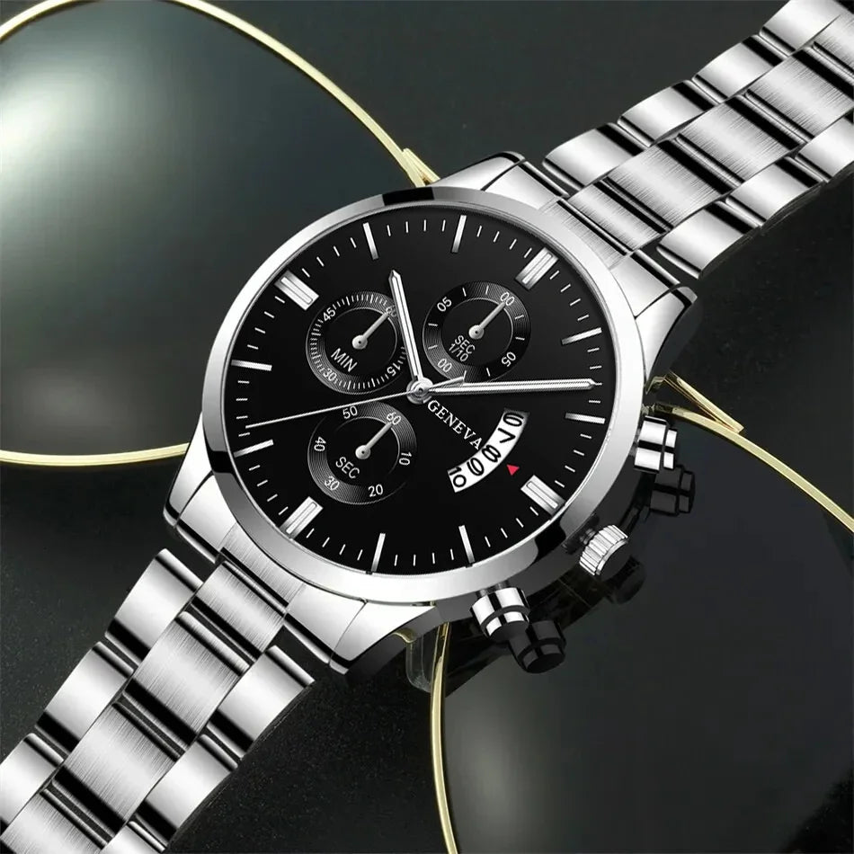 3PCS Set Fashion Mens Business Calendar Watches Men Casual Silver Bracelet Wings Necklace Stainless Steel Quartz Wrist Watch - CHRISTDEST GLOBAL SERVICE