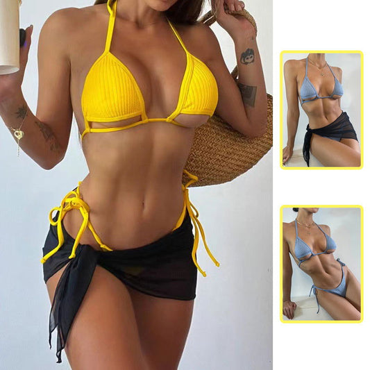3pcs Bikini Set Summer Beach Lace-up Striped Solid Color Swimsuit Suit Womens Clothing - CHRISTDEST GLOBAL SERVICE