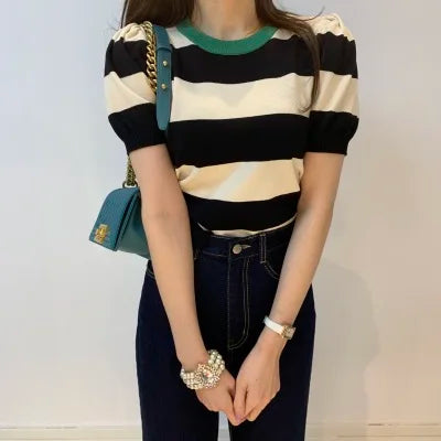 Summer Korean Knitted Striped T Shirts Tops Women Short Sleeve O-neck Casual Fashion Female Tees Pullovers T-shirts