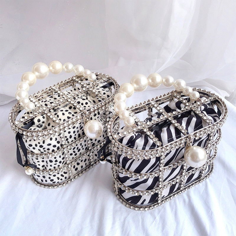 Leopard Zebra Pattern Diamonds Basket Evening Clutch Bags Women Luxury Purses Preal Beaded Metallic Handbags Ladies Wedding Bag