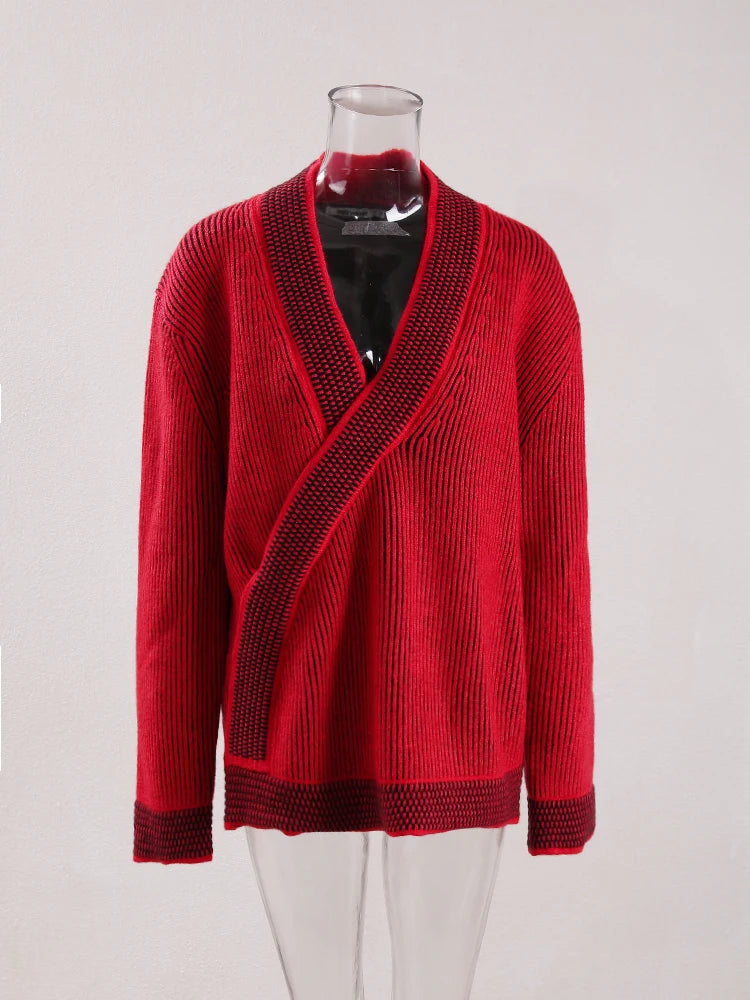 Fashion Women's Sweater V-neck Long Sleeves Contrast Colot Loose Red No Placket Casual Cardigan