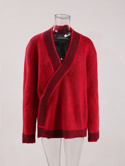 Fashion Women's Sweater V-neck Long Sleeves Contrast Colot Loose Red No Placket Casual Cardigan