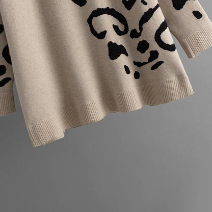 Knitted Jacquard Leopard Patchwork Sweater O-Neck Pullover Long Sleeve Mid-Length Knitwear Autumn/Winter Woman Clothing