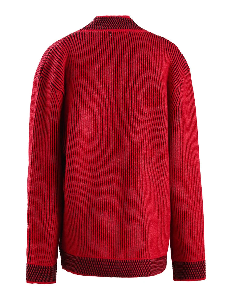Fashion Women's Sweater V-neck Long Sleeves Contrast Colot Loose Red No Placket Casual Cardigan