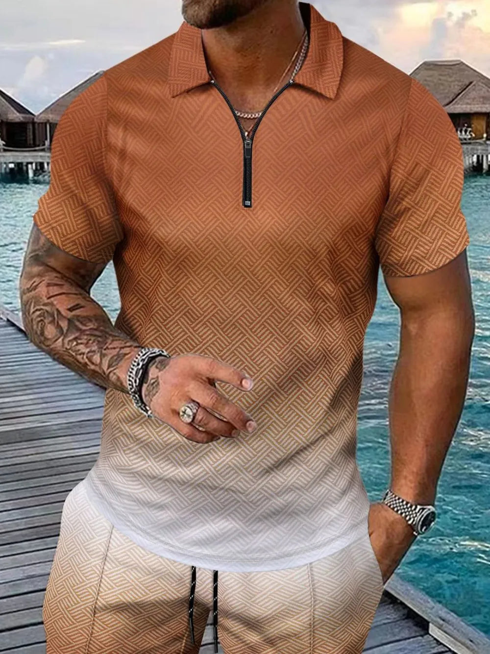Men's Full Size Gradient Collared Neck Top and Shorts Set Plus Size