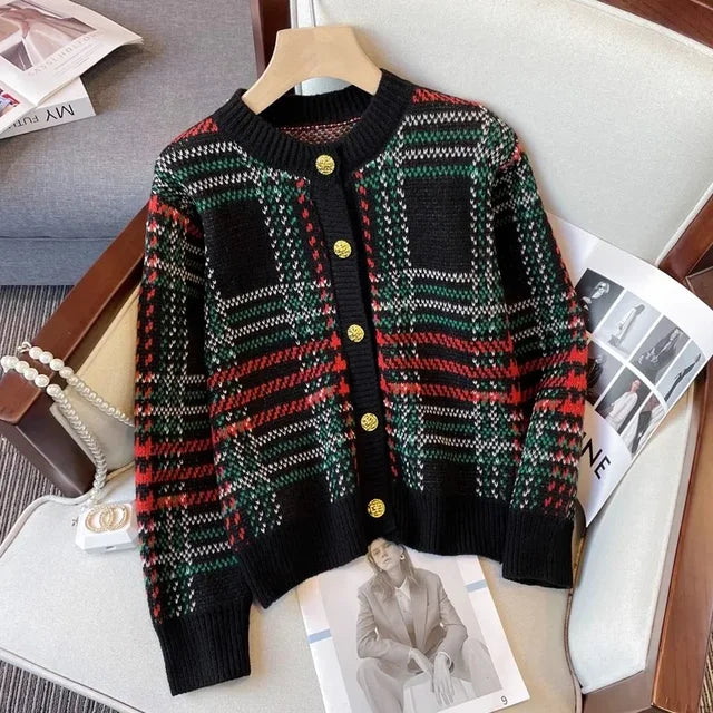 Korea Vintage Knitted Autumn Sweater Coat Women Striped Plaid Print Knitwear Ladies Cropped Cardigans Casual Loose Woman Tops