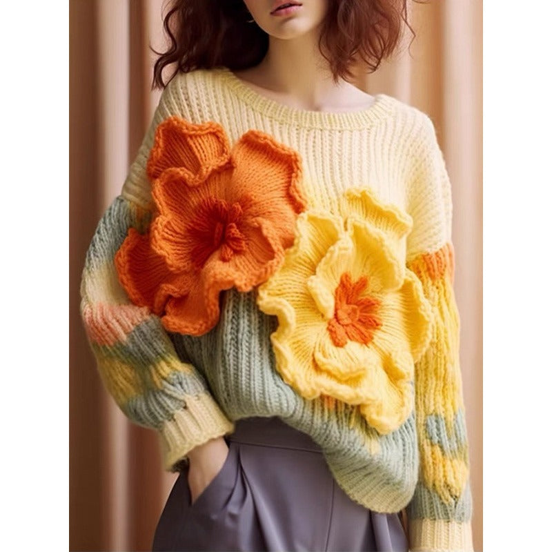 European goods, beautiful heavy industry, lazy style, apricot color, three-dimensional flower knitted sweater, sweater jacket, w