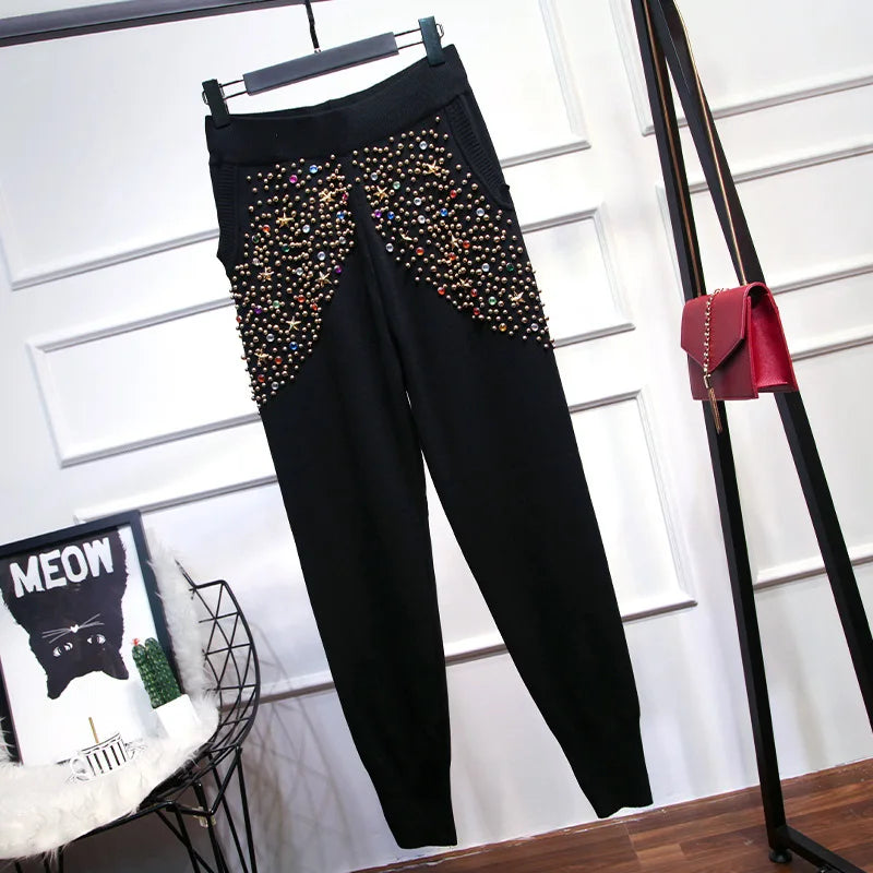 Luxury Rhinestones Knit T-Shirts Pearls Beaded Sweater Pullovers Fringed Knitwear Tees Jumpers Tops + Wide Legs Pants 2pcs Set