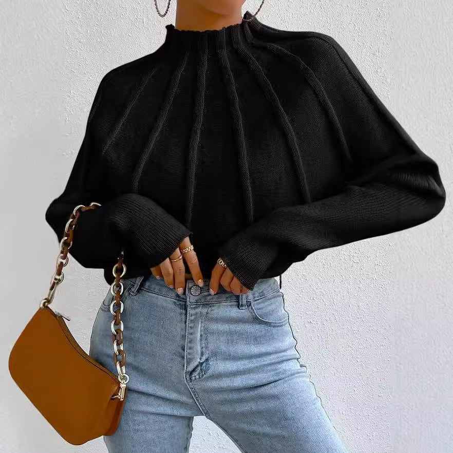 European and American semi high neck solid color versatile knitted pullover bat sleeve sweater for women