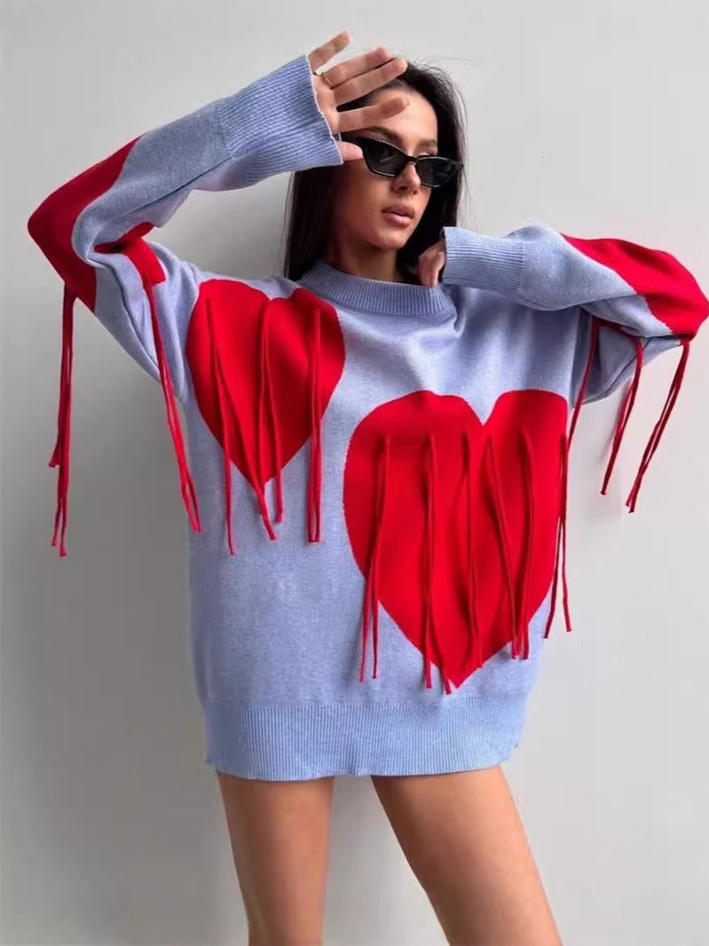 Love tassel autumn and winter sweater women's new round neck fashionable pullover top knitted sweater