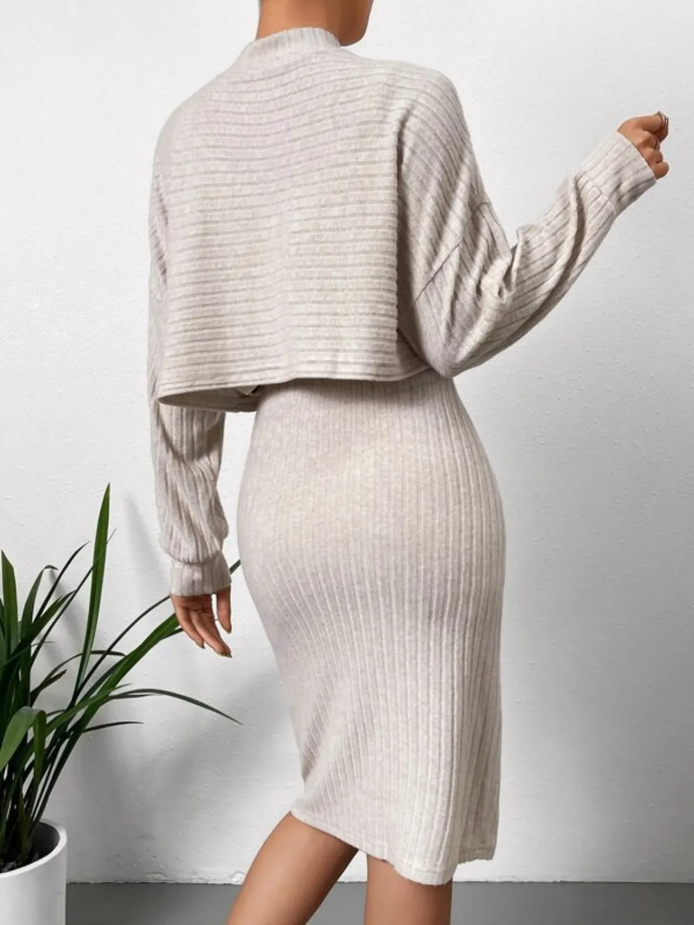 Neck Long Sleeve Top and Wide Strap Dress Set