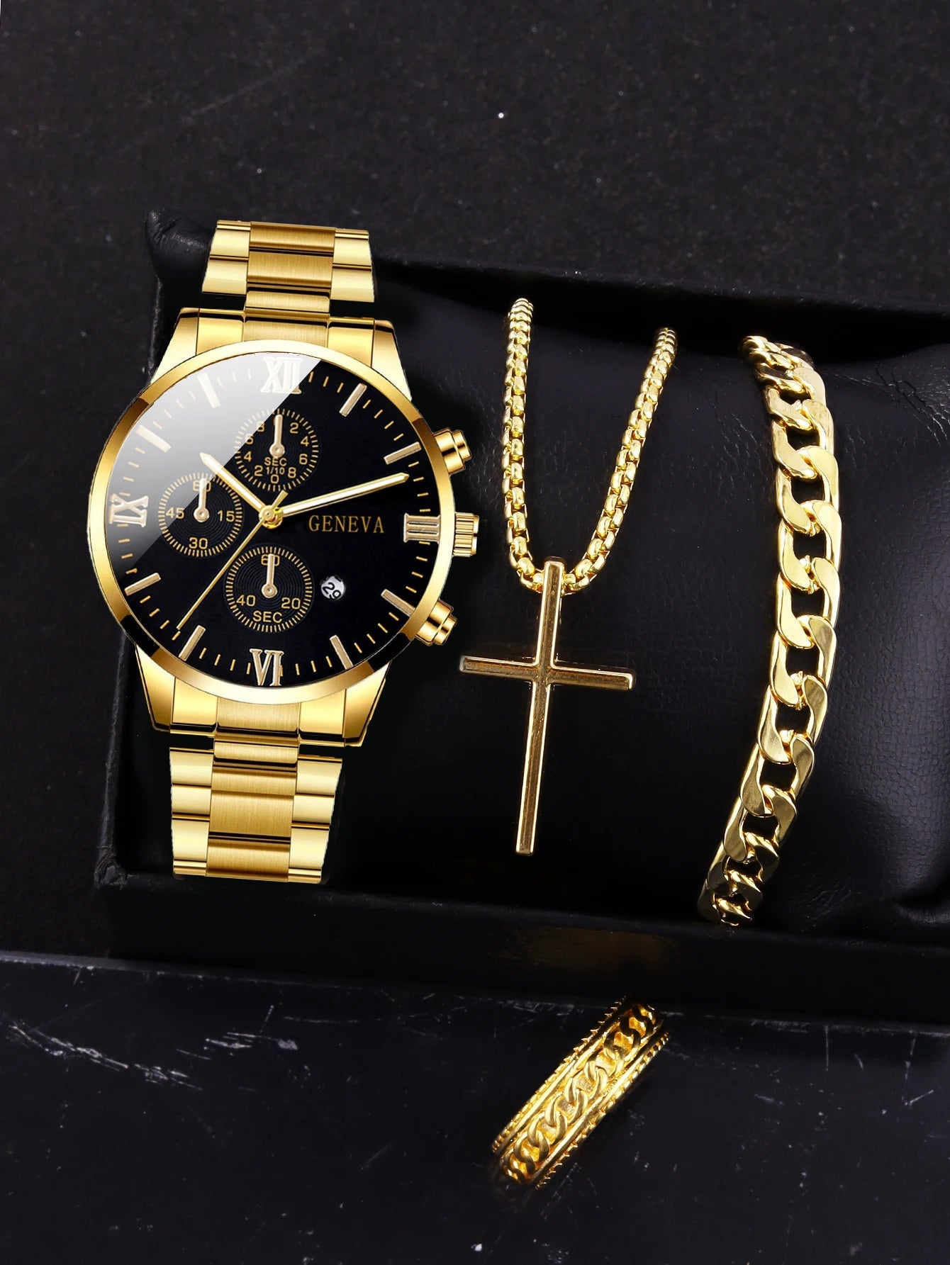 4pcs gold alloy Roman with calendar men's quartz watch and cross necklace bracelet ring set selected gift - CHRISTDEST GLOBAL SERVICE