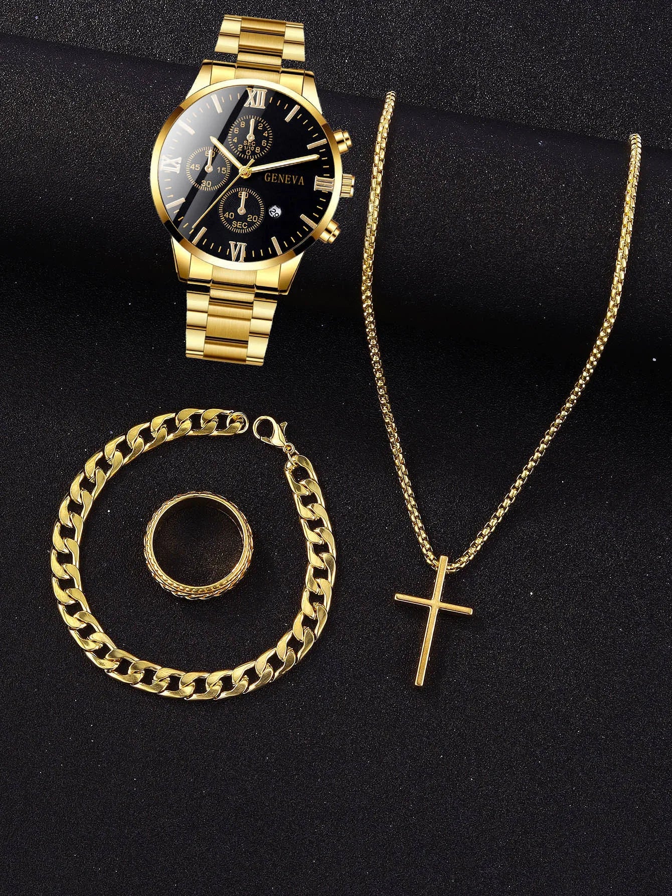 4pcs gold alloy Roman with calendar men's quartz watch and cross necklace bracelet ring set selected gift - CHRISTDEST GLOBAL SERVICE