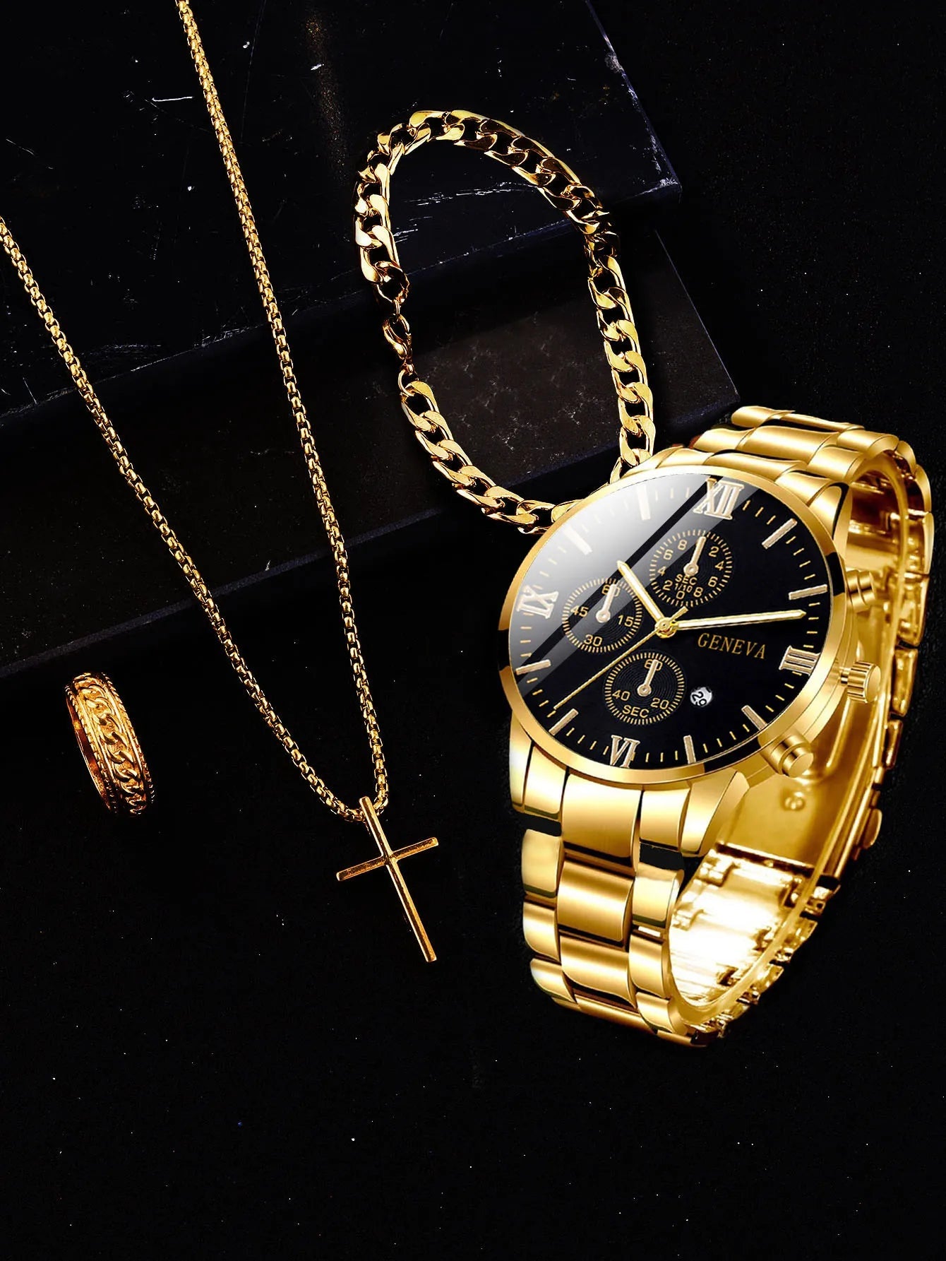 4pcs gold alloy Roman with calendar men's quartz watch and cross necklace bracelet ring set selected gift - CHRISTDEST GLOBAL SERVICE